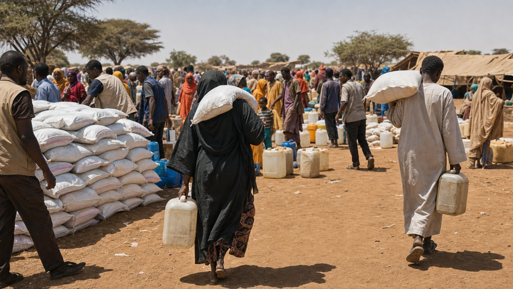 People queue beside sacks of aid supplies at a dry outdoor distribution point