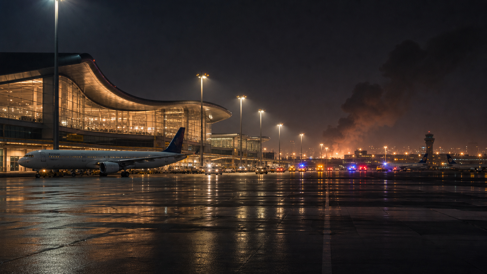 Gulf airport terminal exterior at night with emergency vehicles and distant smoke, realistic news image with no text