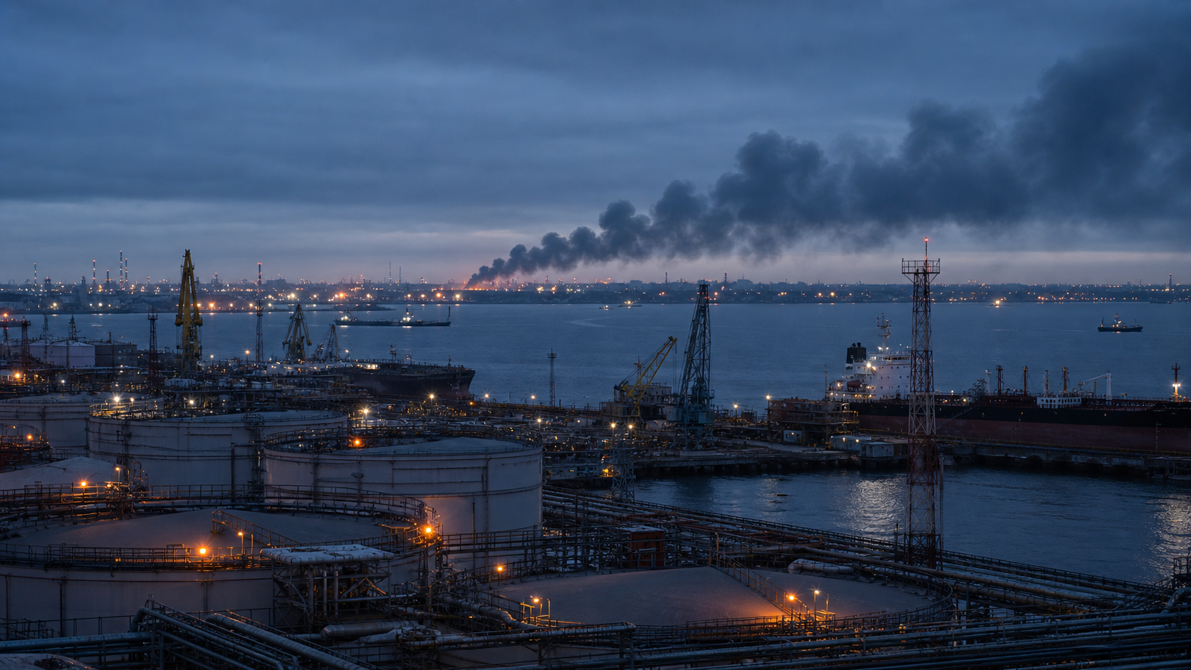 Industrial port at dawn with cranes and smoke on the horizon, realistic editorial image with no text