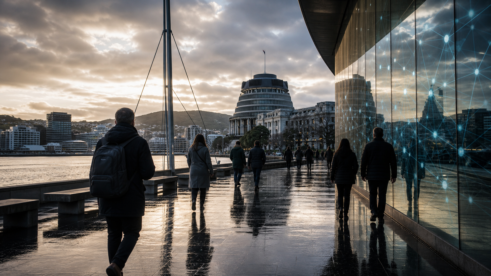 Wellington government-style building and digital reflections, realistic editorial image with no text