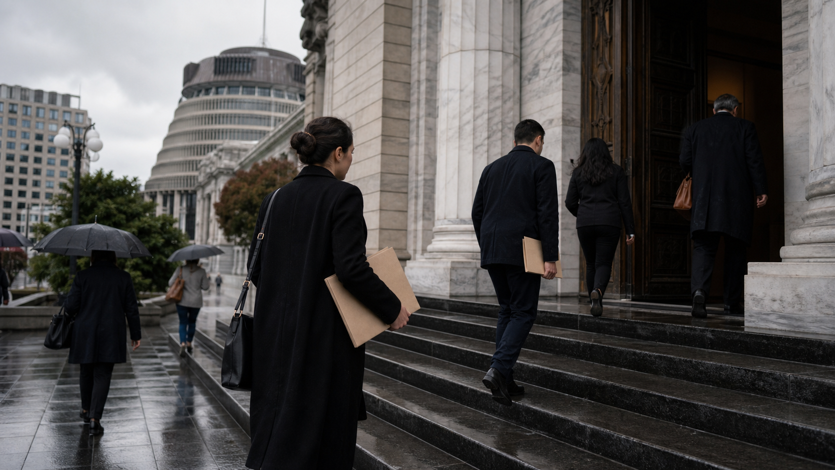 People walk up wet steps into a public building carrying folders