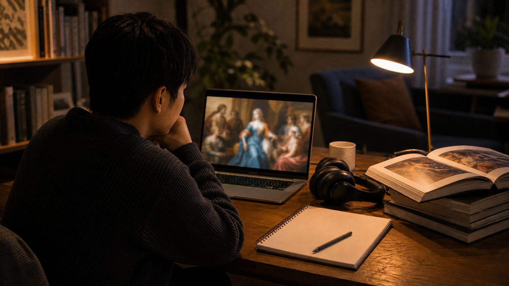 A person watches an art history video at a desk with an open art book nearby