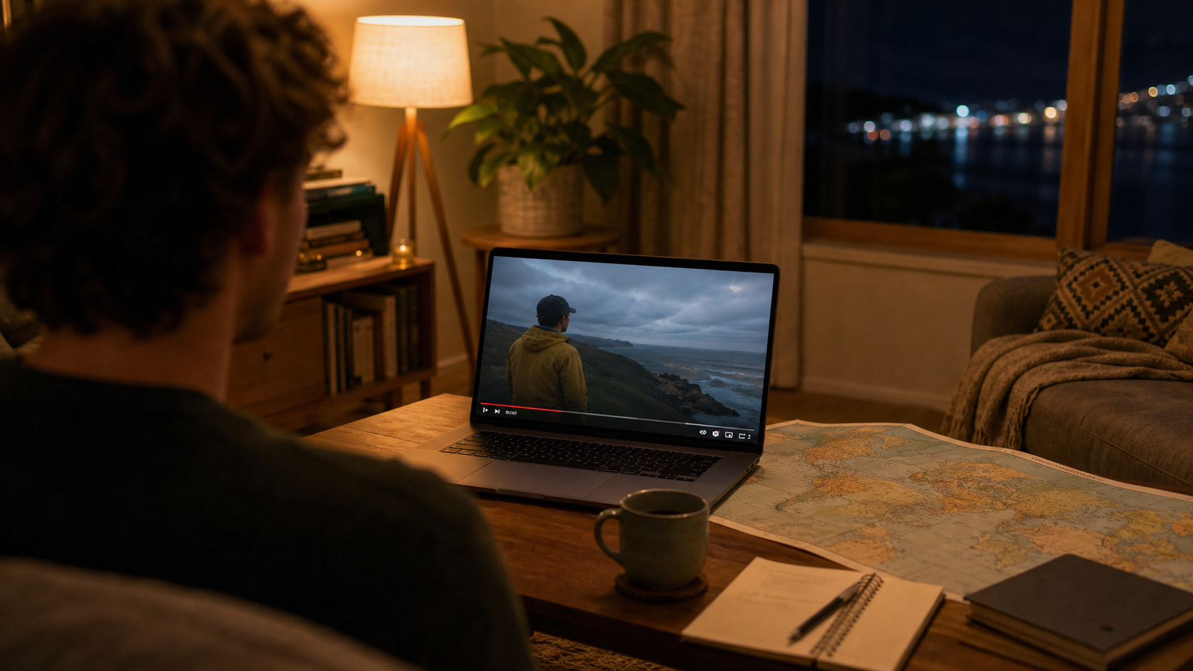 Cozy living room with laptop showing a generic travel video interface, no text or logos