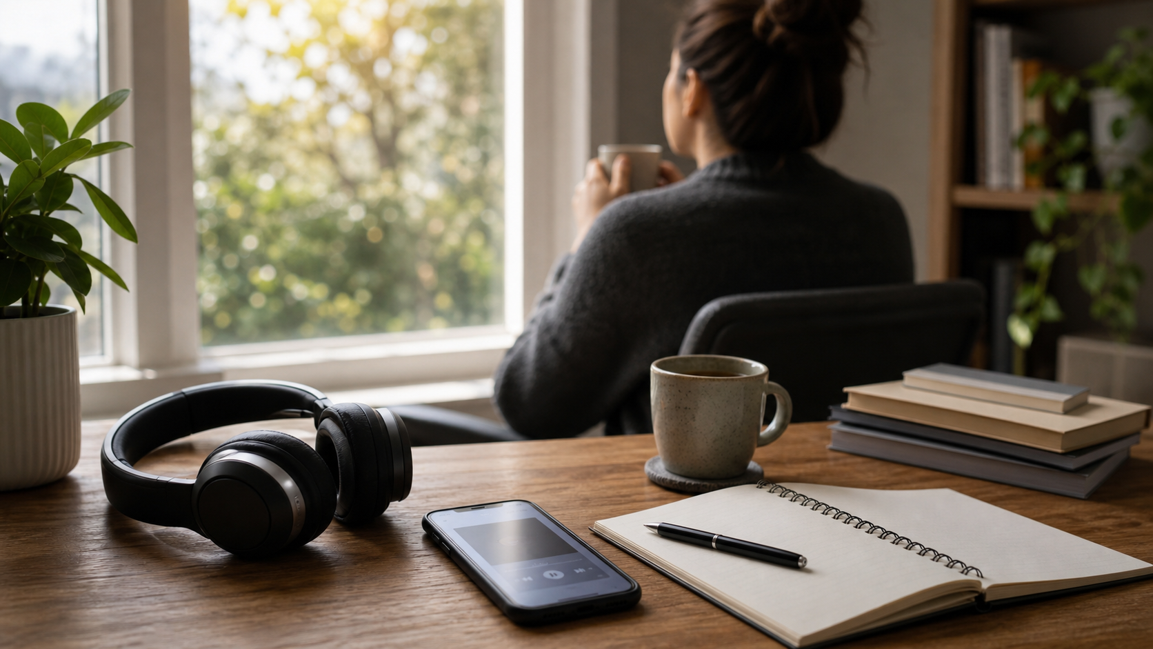 Headphones, a phone and a notebook sit on a quiet desk beside a window