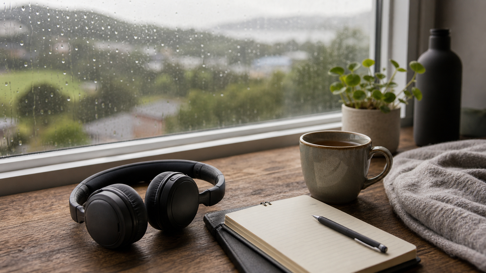 Headphones, notebook and tea on a quiet morning desk near a rainy window, no readable text