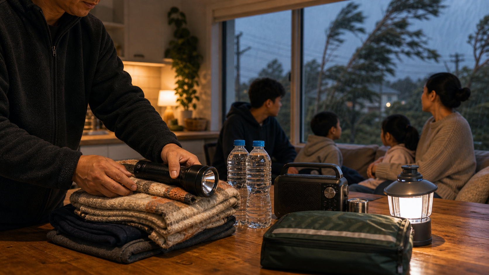 A family prepares torches, water and blankets at home during windy weather