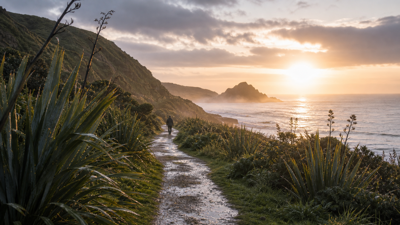 Aotearoa coastal path after rain with flax plants and soft sunrise, peaceful realistic image with no text