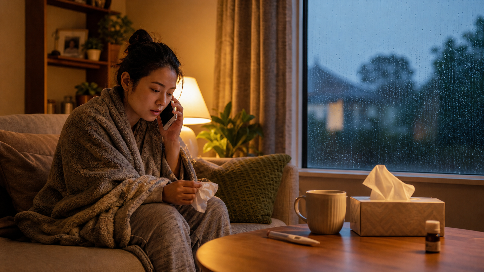 雨夜家中有人拨打健康热线，桌上有体温计和茶杯