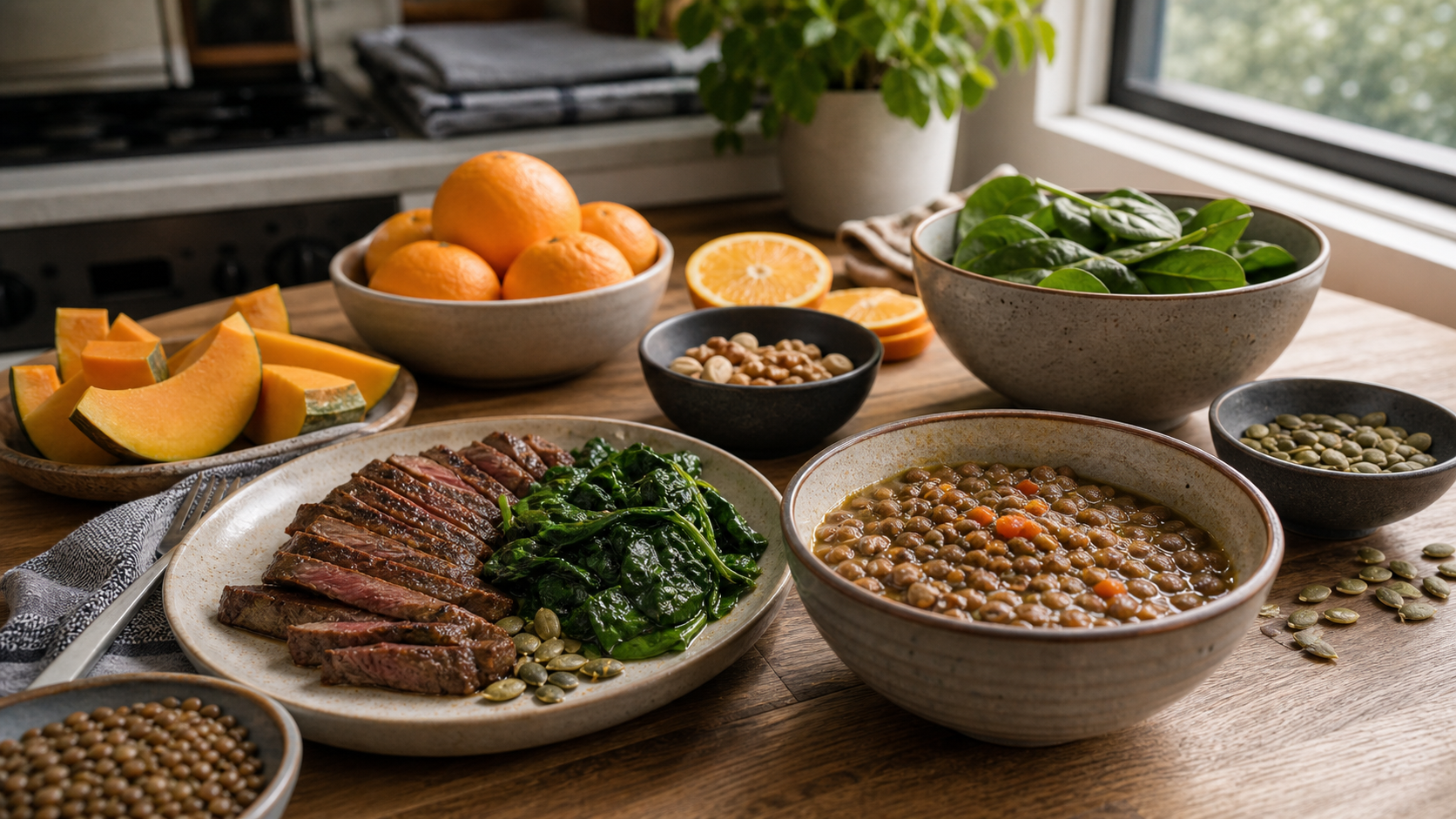 桌上摆着牛肉、菠菜、豆类和柑橘等补铁食物