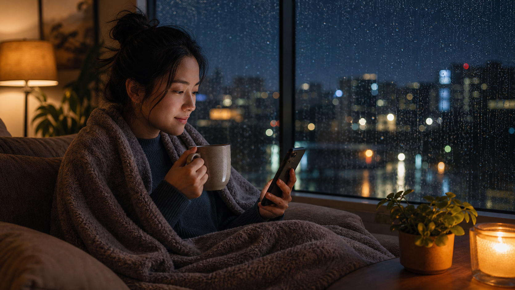 雨夜窗边有人裹着毯子喝热饮并与朋友视频通话