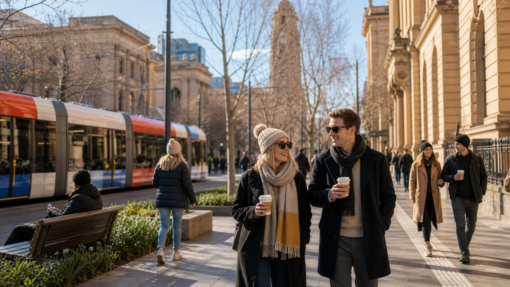 Adelaide 冬日街道上行人、电车和砂岩建筑