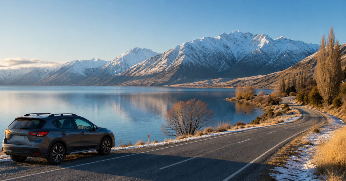 真实冬季Wanaka湖边、雪山和道路旅行场景