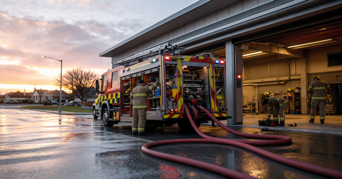 Fire truck outside a New Zealand emergency station at dawn