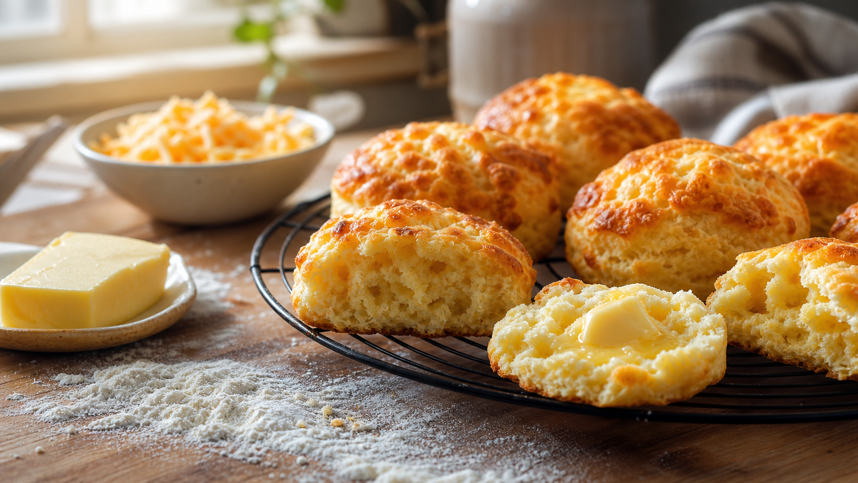 新鲜出炉的 cheese scones 放在冷却架上旁边有黄油和奶酪