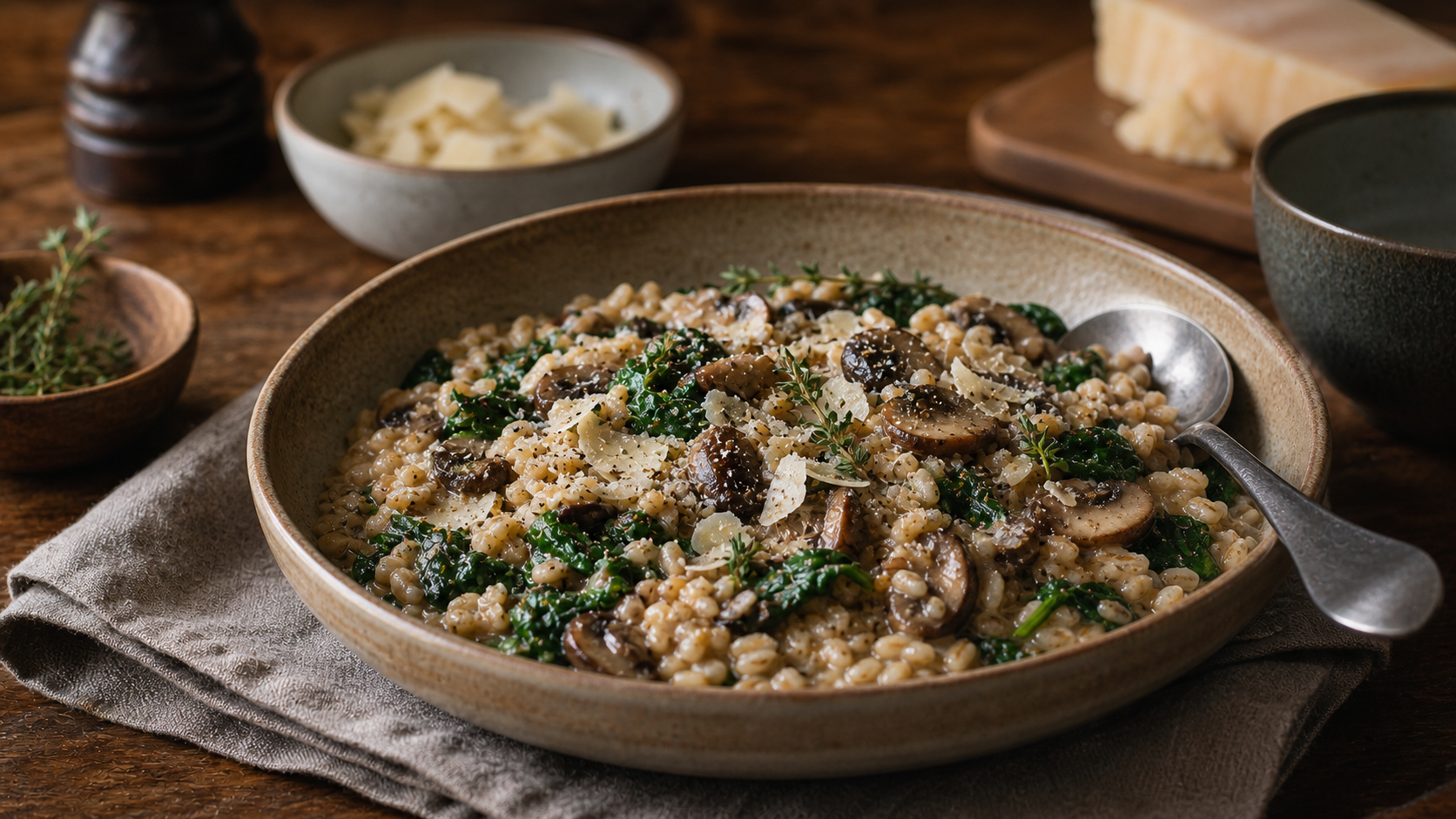 一碗蘑菇 pearl barley 一锅饭配绿叶菜和香草