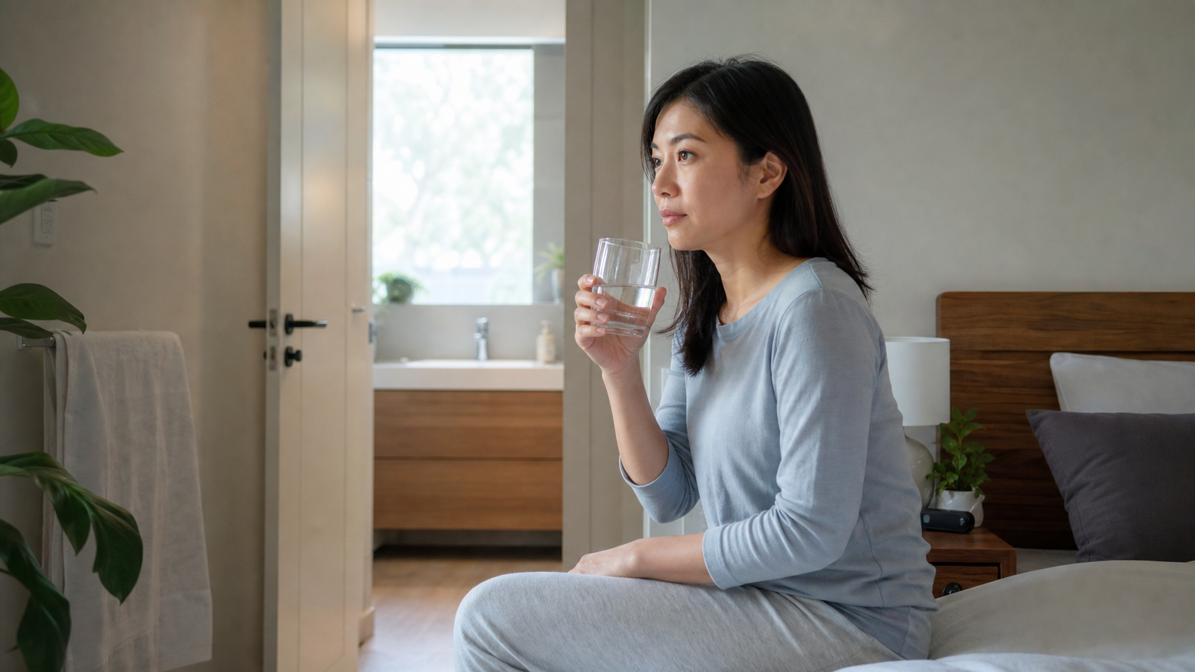 一名女性在清晨卧室里拿着水杯思考健康问题