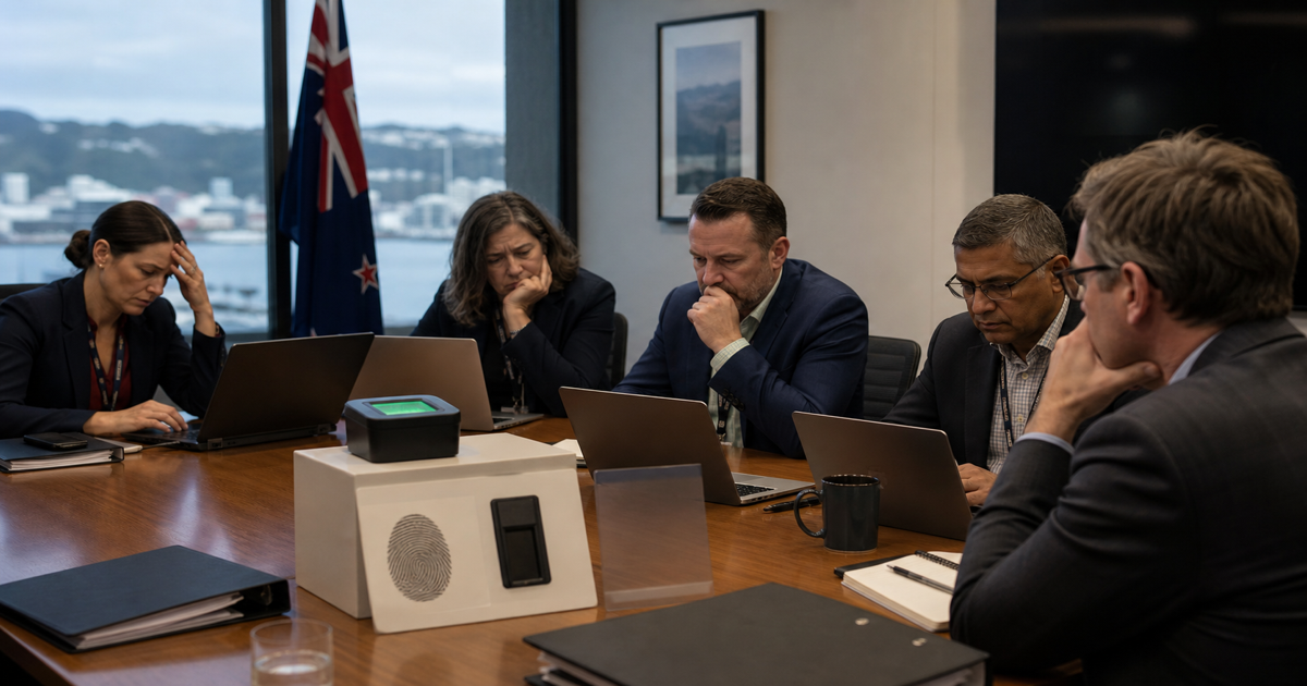 Government technology project review meeting with a biometric scanner