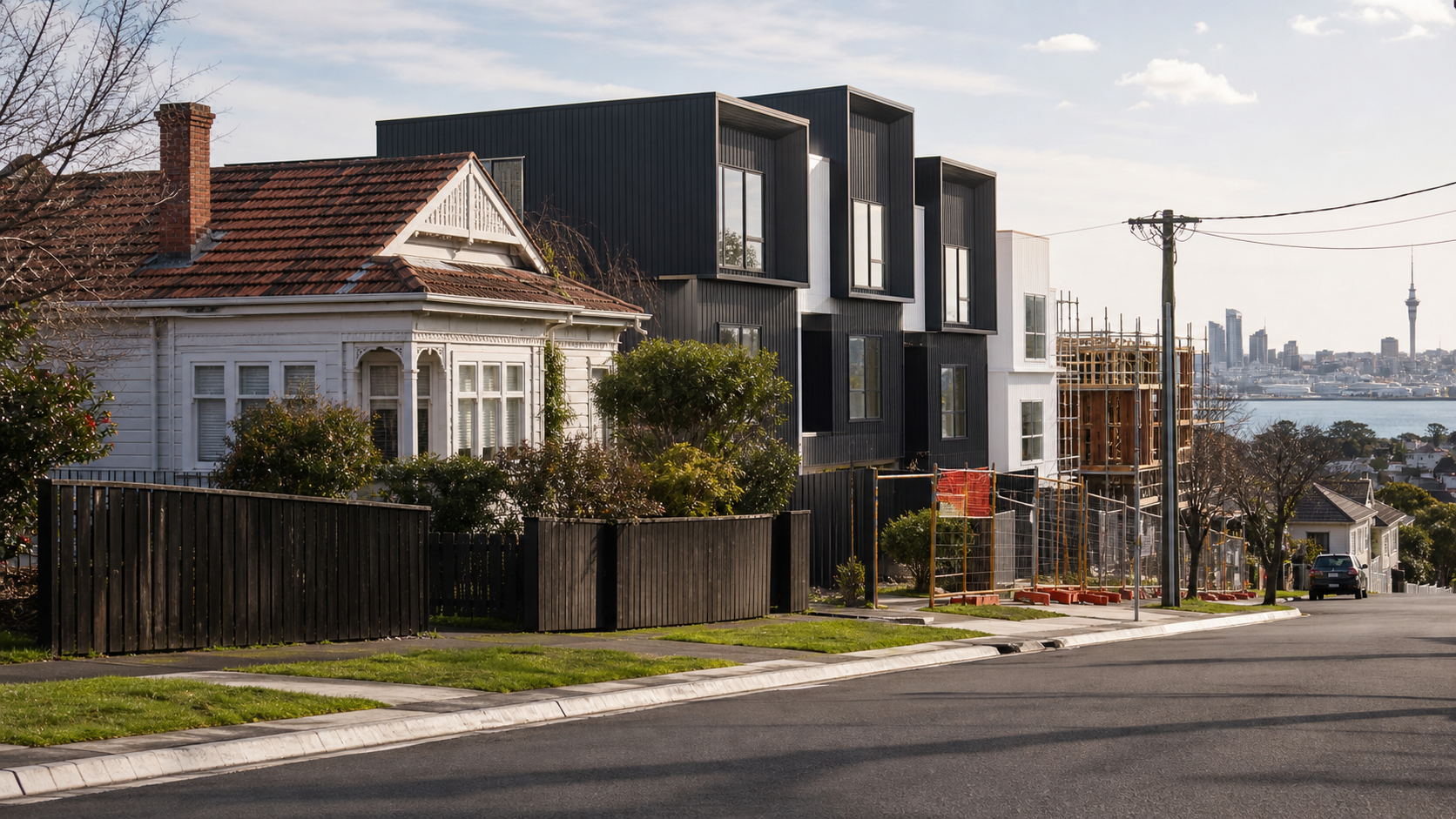 Auckland suburban street with townhouses and construction in winter light, no text