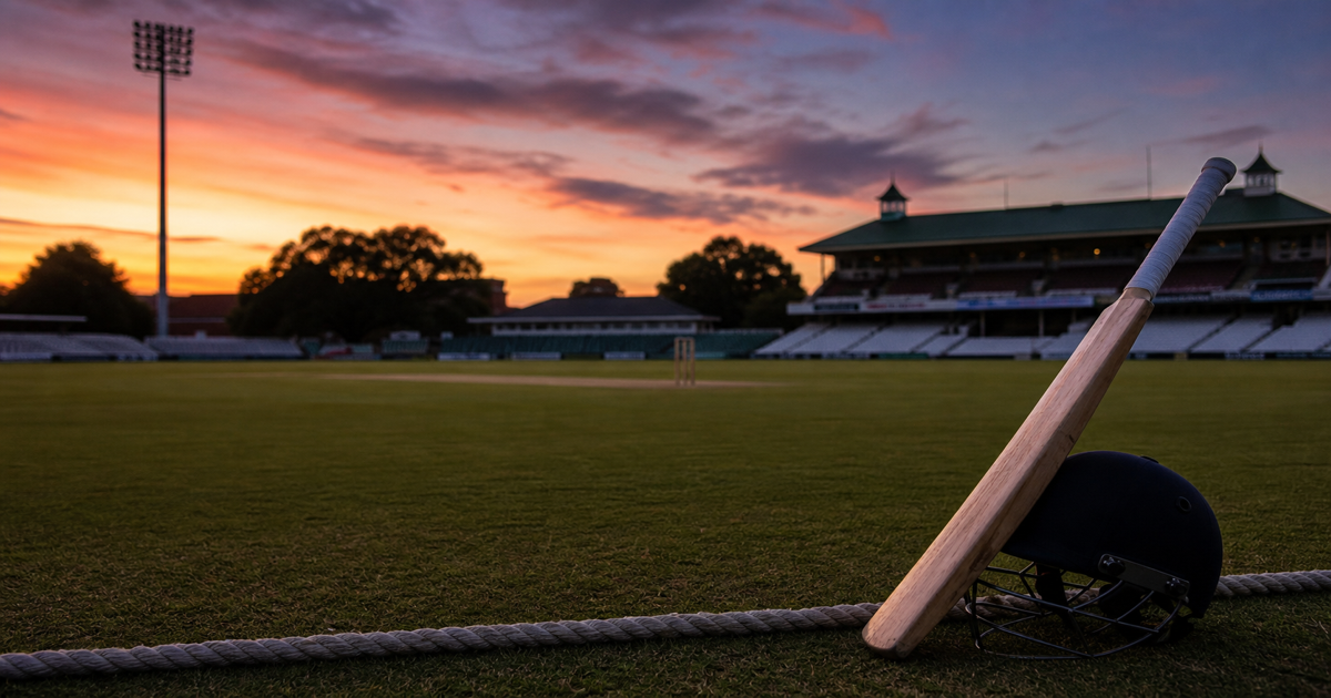 New Zealand cricket ground at dusk with bat and helmet