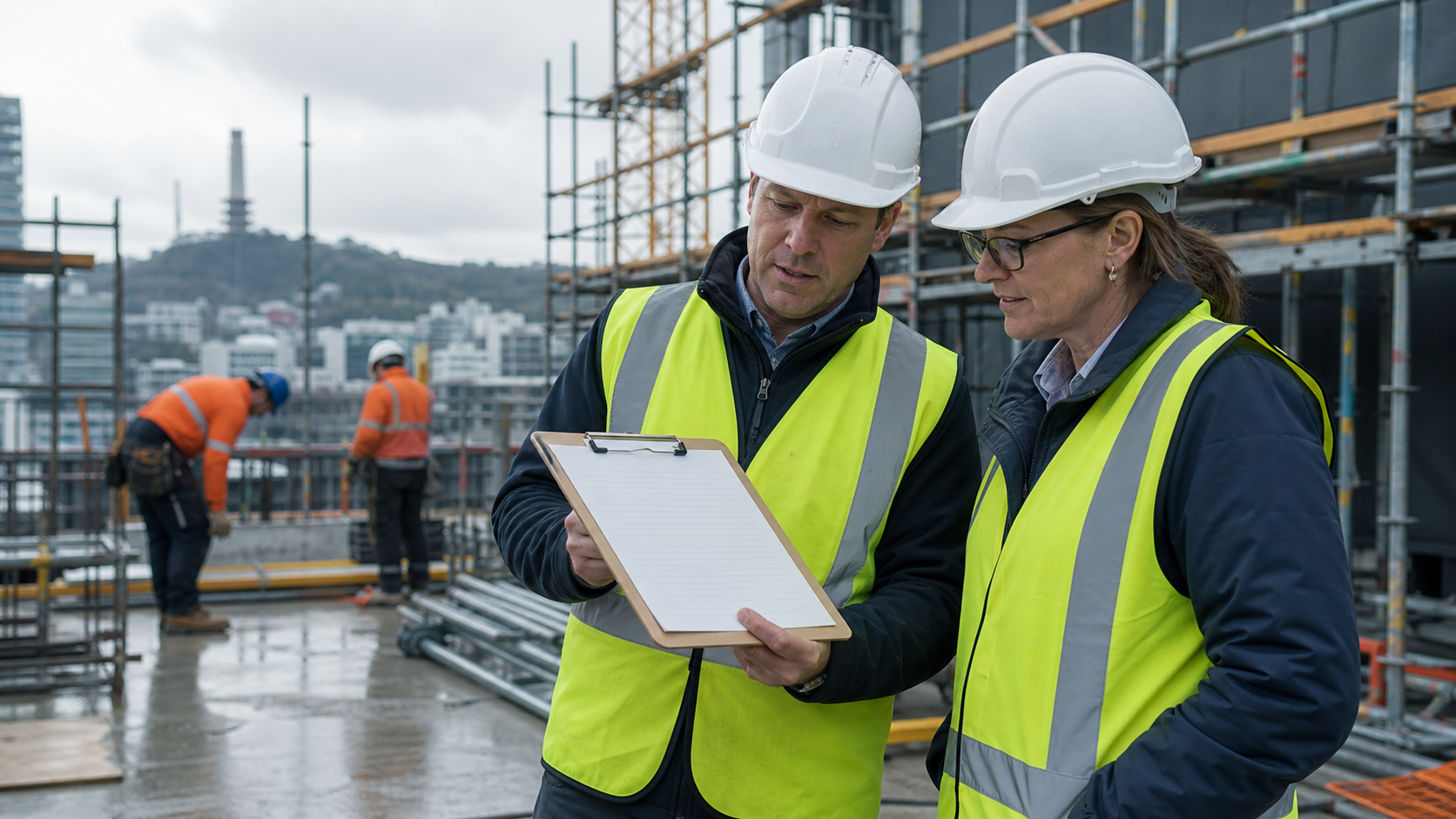 New Zealand construction staff review a safety checklist on a rainy worksite