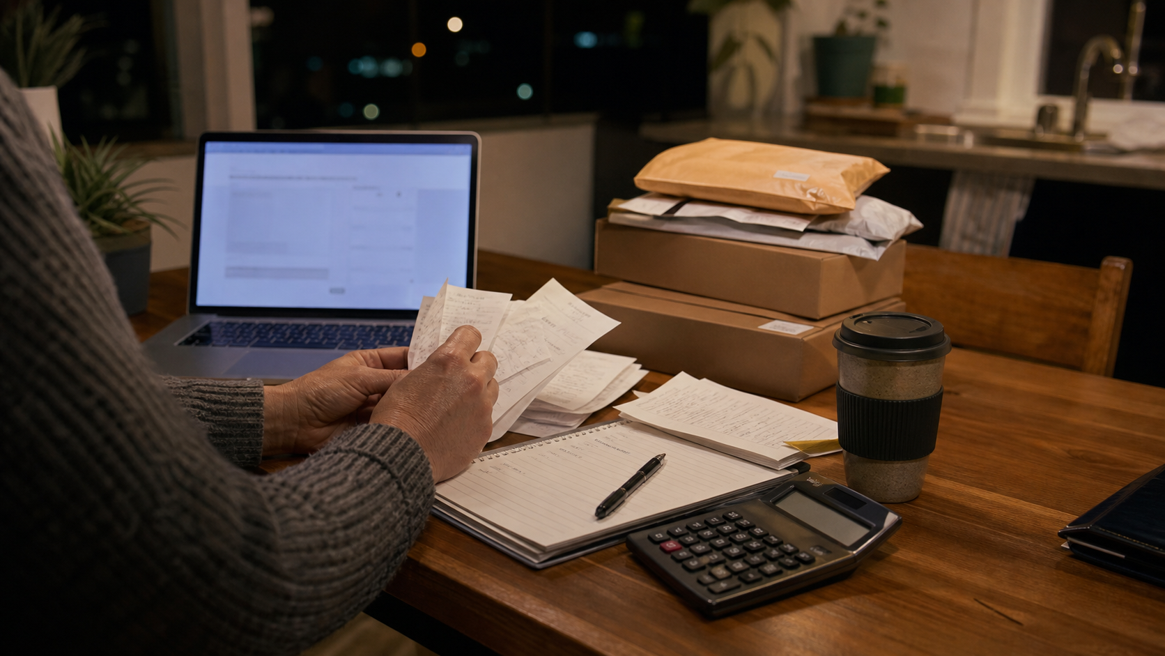 Self-employed worker reviews receipts and savings papers at a kitchen table