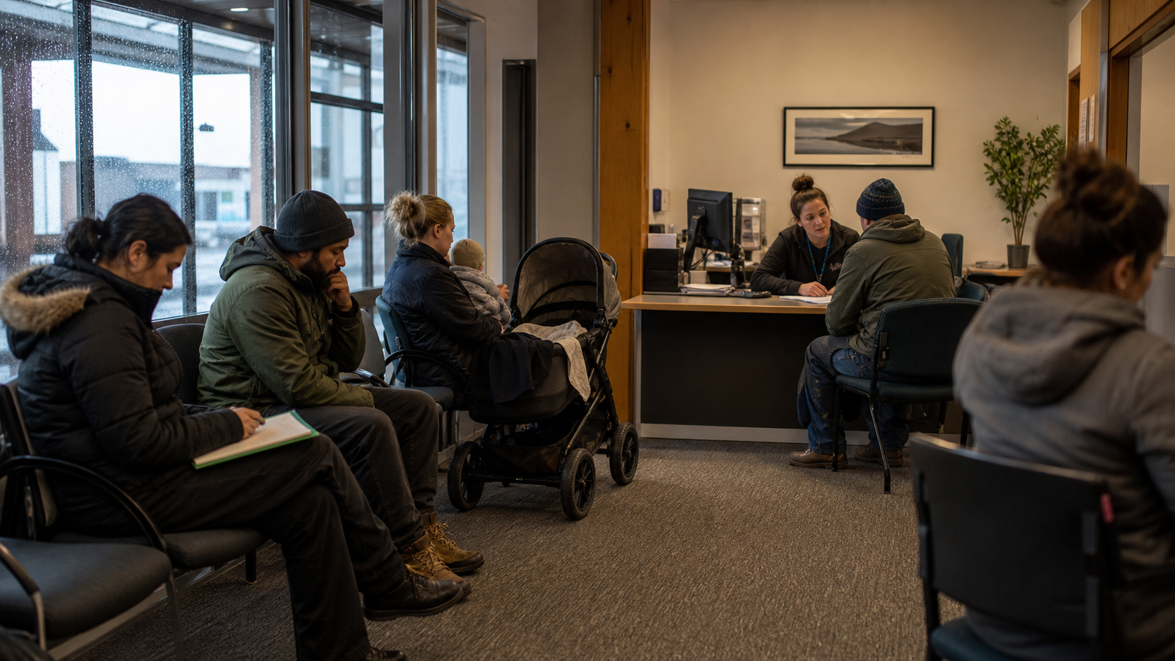 A New Zealand community service waiting room on a rainy day