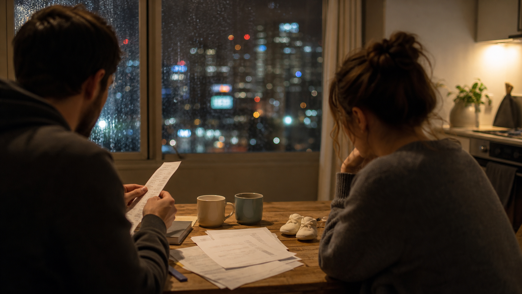 A Wellington couple reviewing bills at a kitchen table on a rainy evening