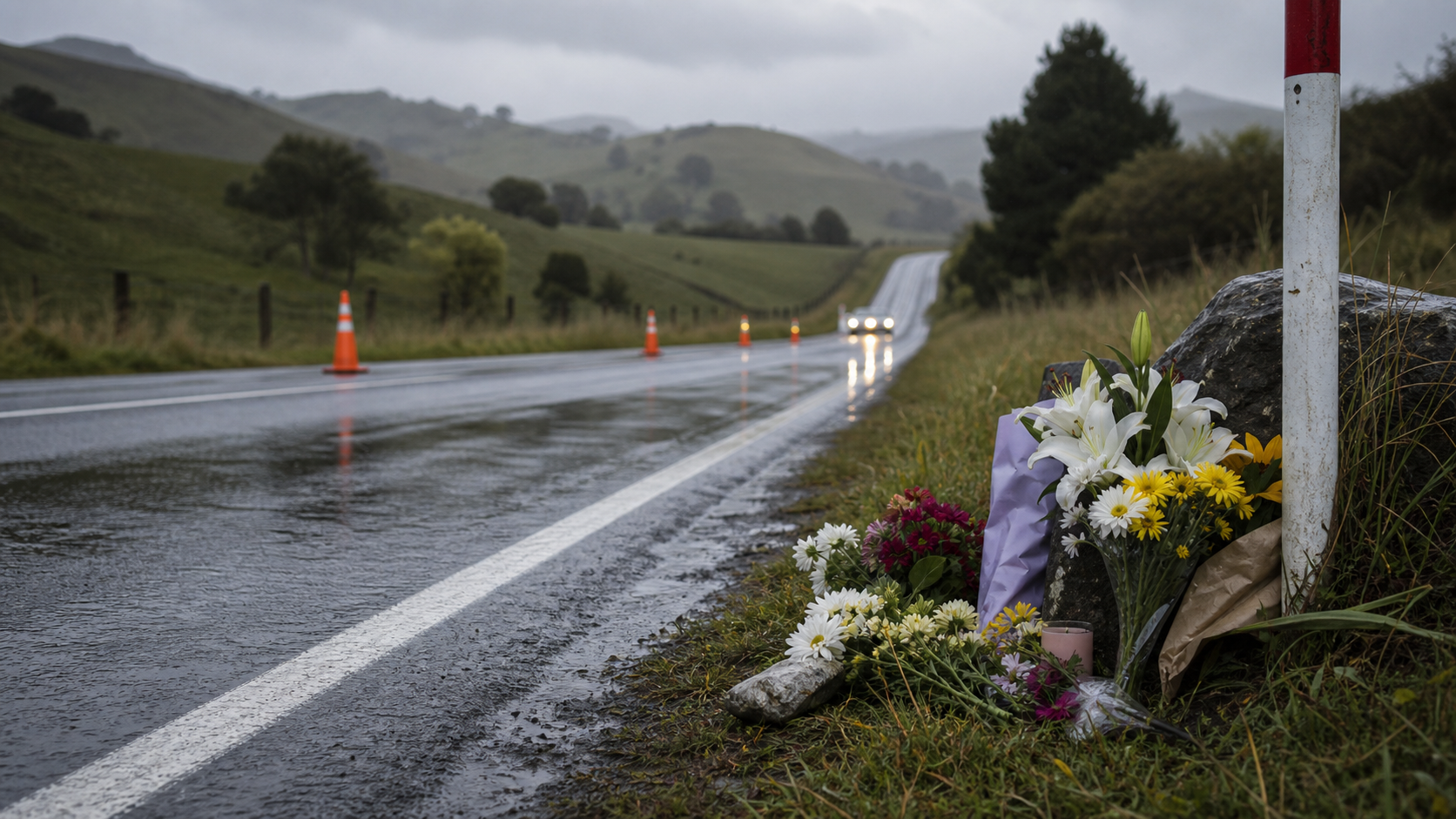 A sombre New Zealand rural highway after rain with emergency lights reflected on wet road, no visible victims, cinematic documentary style