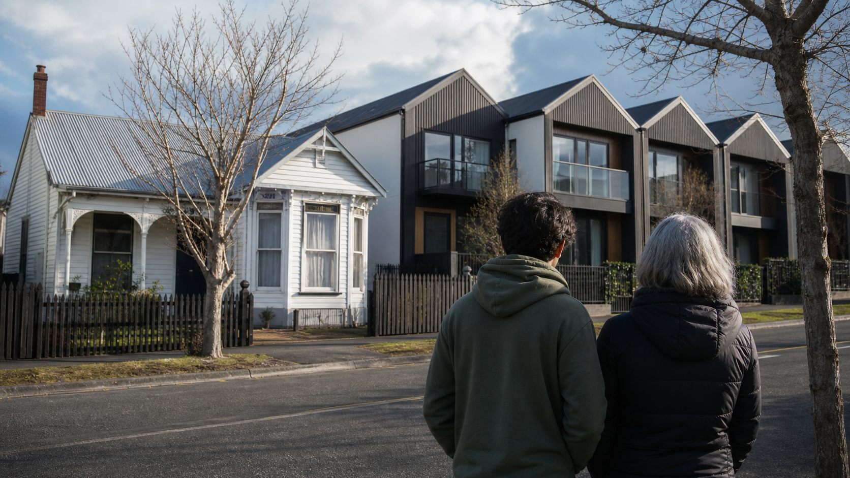 New Zealand suburban street with new townhouses beside older homes, no text