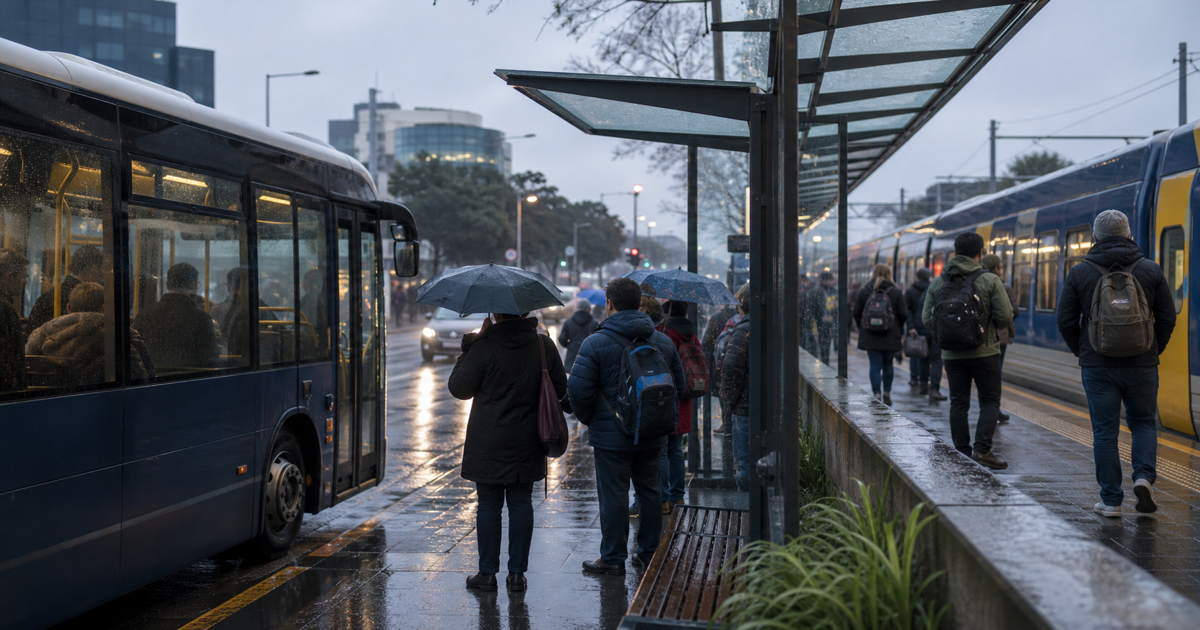 New Zealand wet morning public transport commute