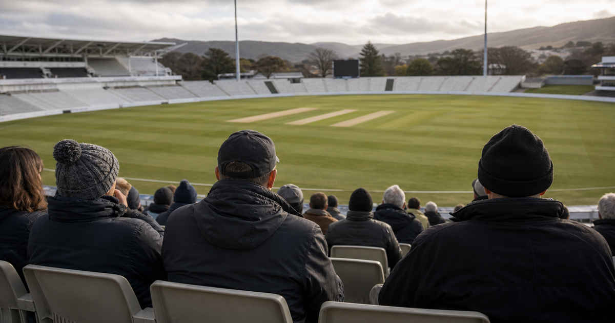 New Zealand cricket fans looking at an empty pitch