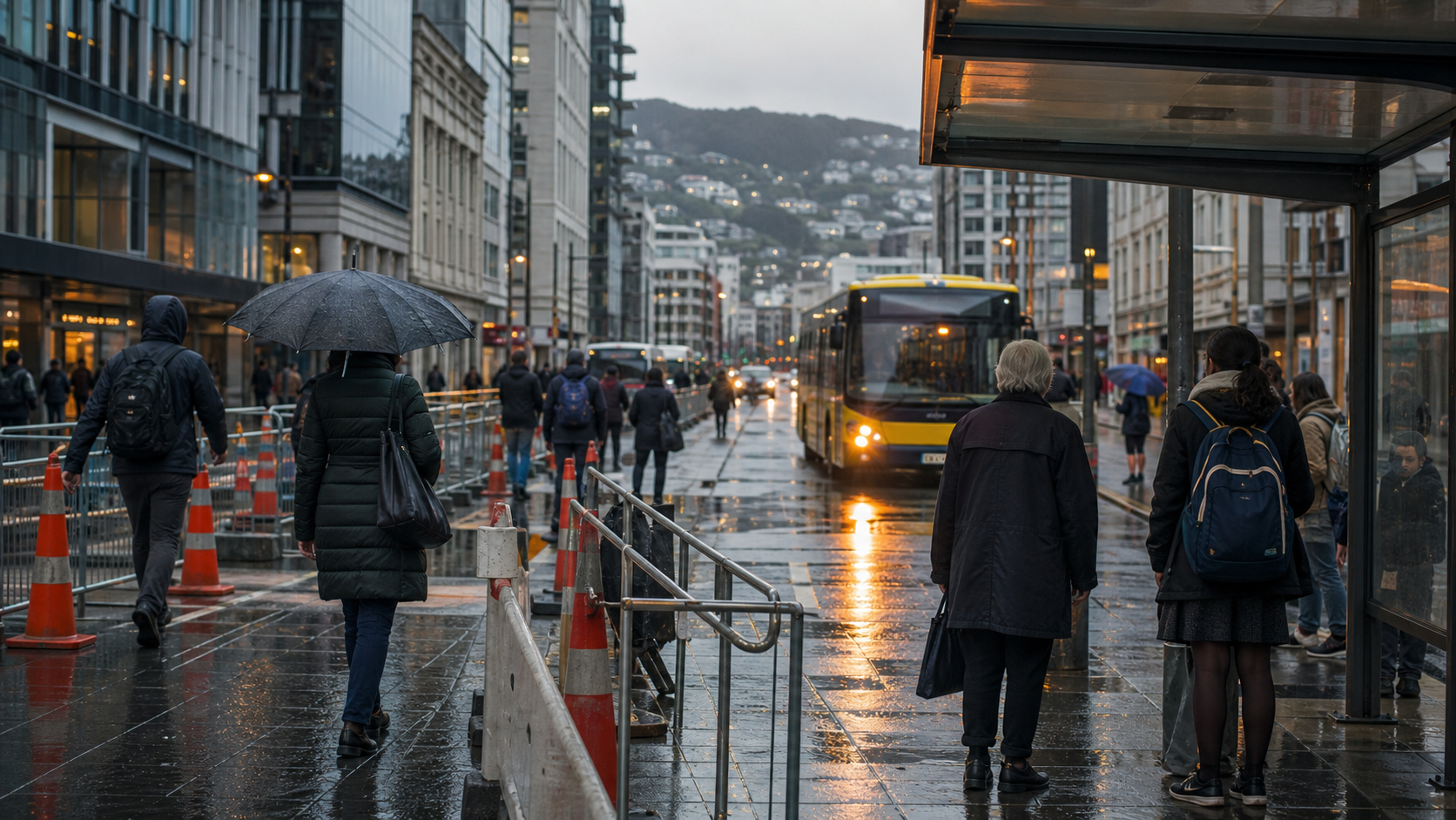Rainy central Wellington street with bus, commuters and construction barriers