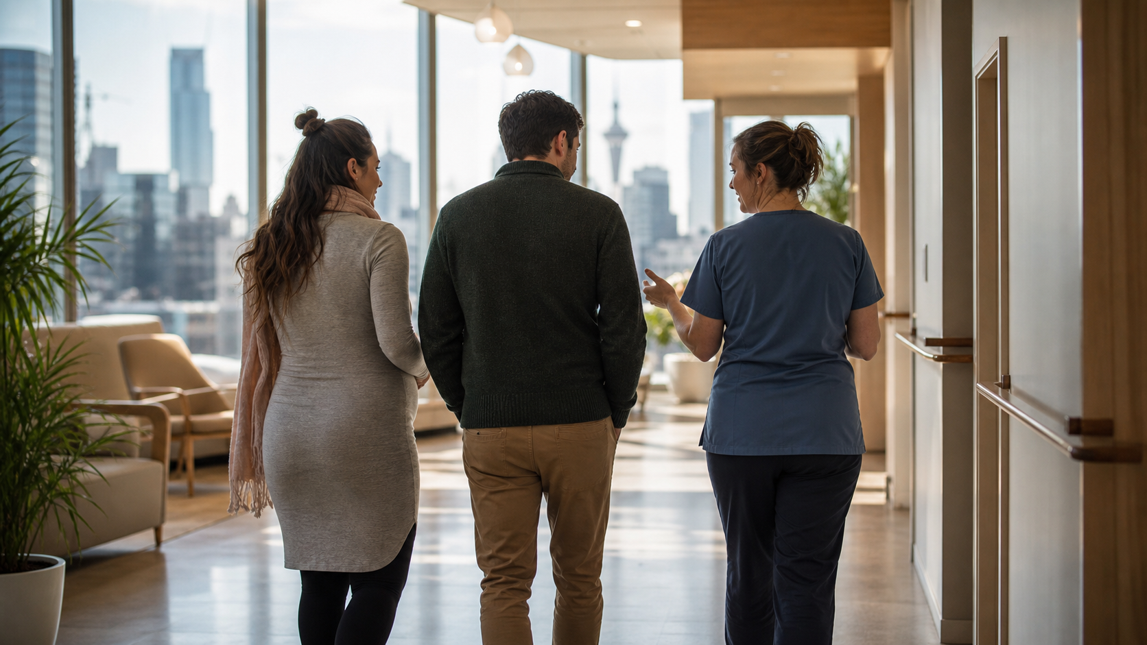 A pregnant person and support partner walking with a midwife in a clinic corridor