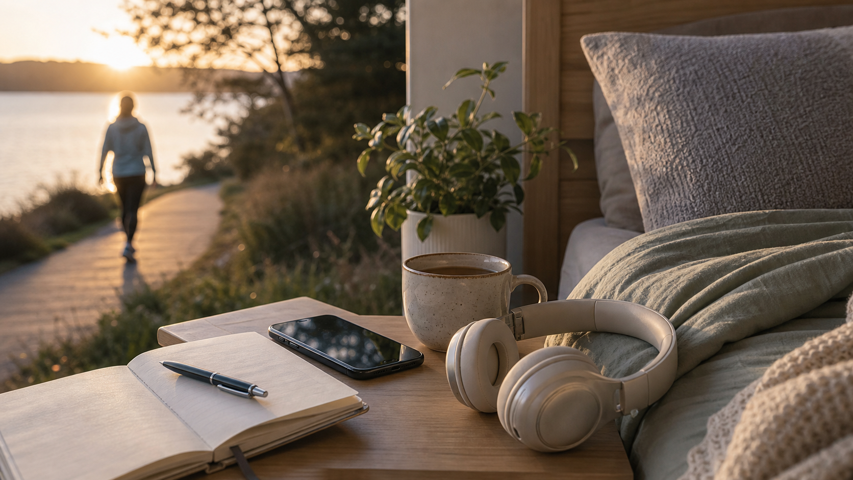 A calm bedroom at night with headphones, a phone showing a podcast app glow, soft realistic lighting and no text