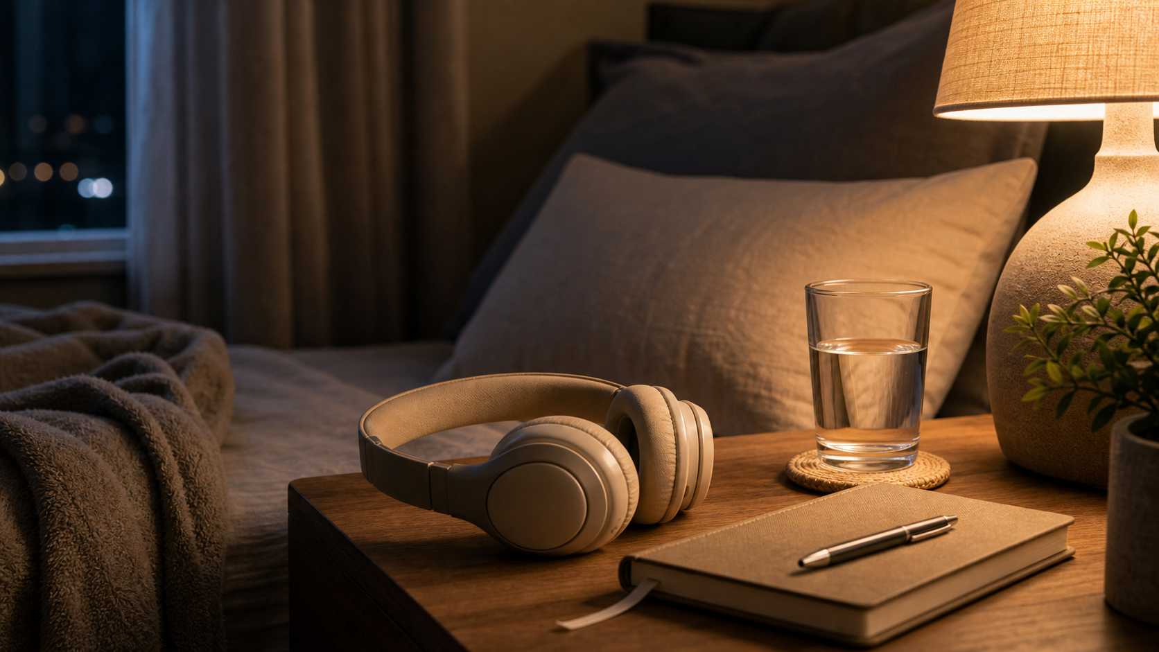Evening bedside with headphones notebook and warm lamp, no text
