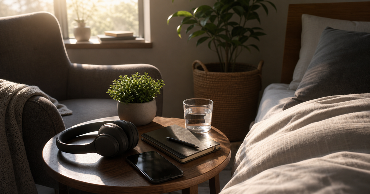 Calm podcast listening setup with headphones and morning light