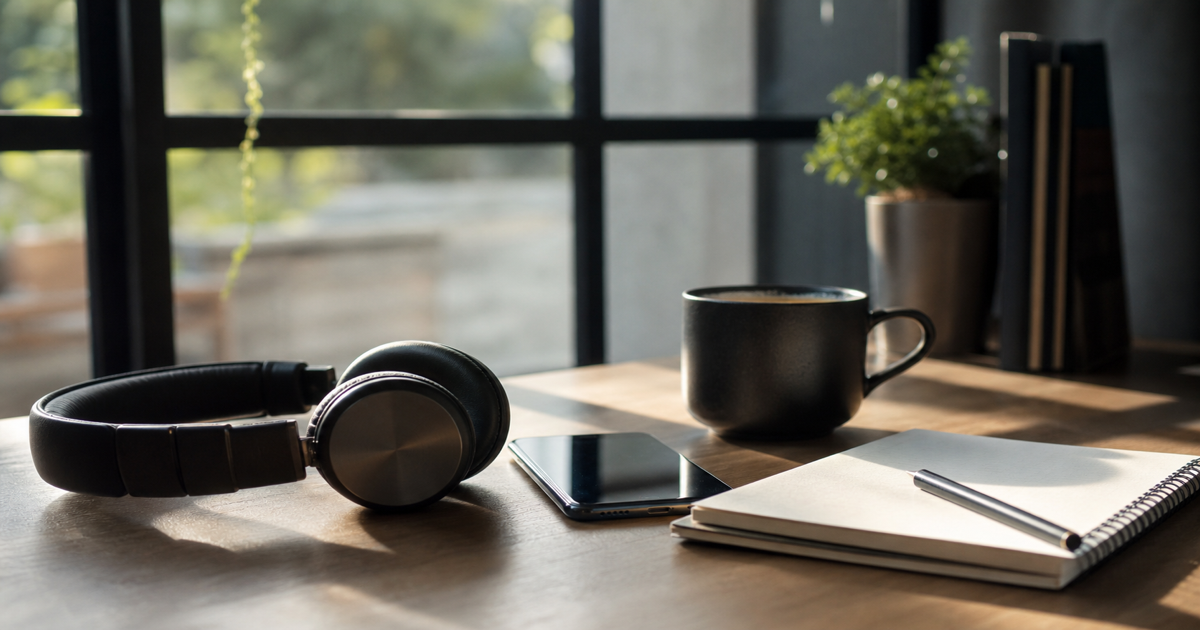 Morning podcast listening setup with headphones coffee and notebook