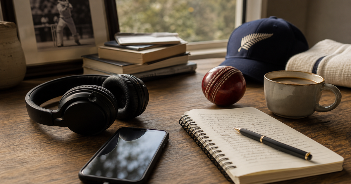 Podcast listening setup with headphones and cricket ball