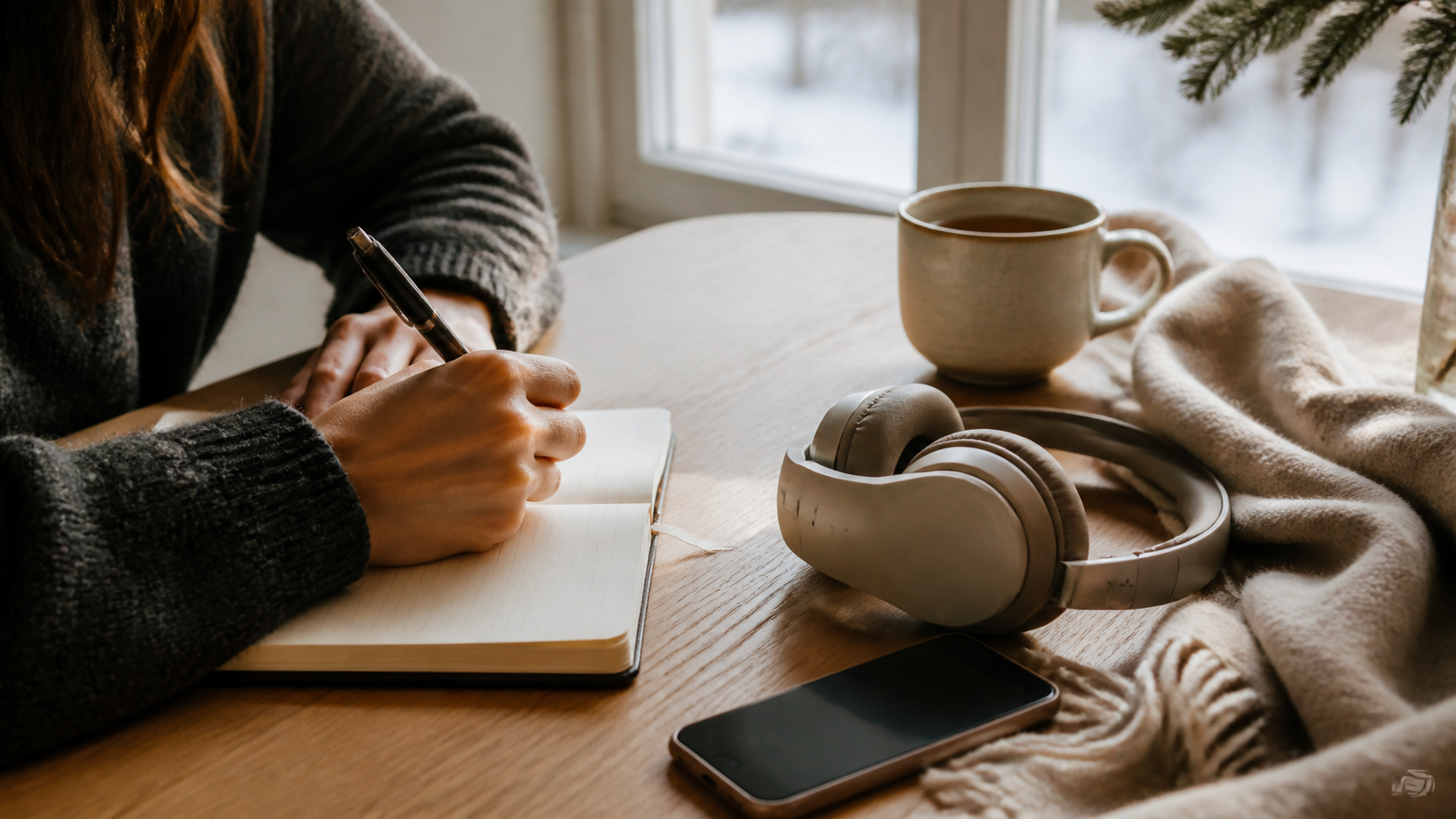 Headphones, notebook and tea on a quiet winter morning table