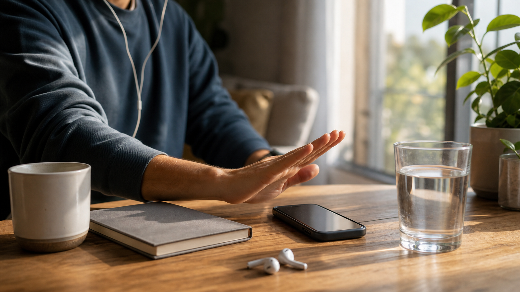 A calm morning table with earbuds, phone face down and a glass of water