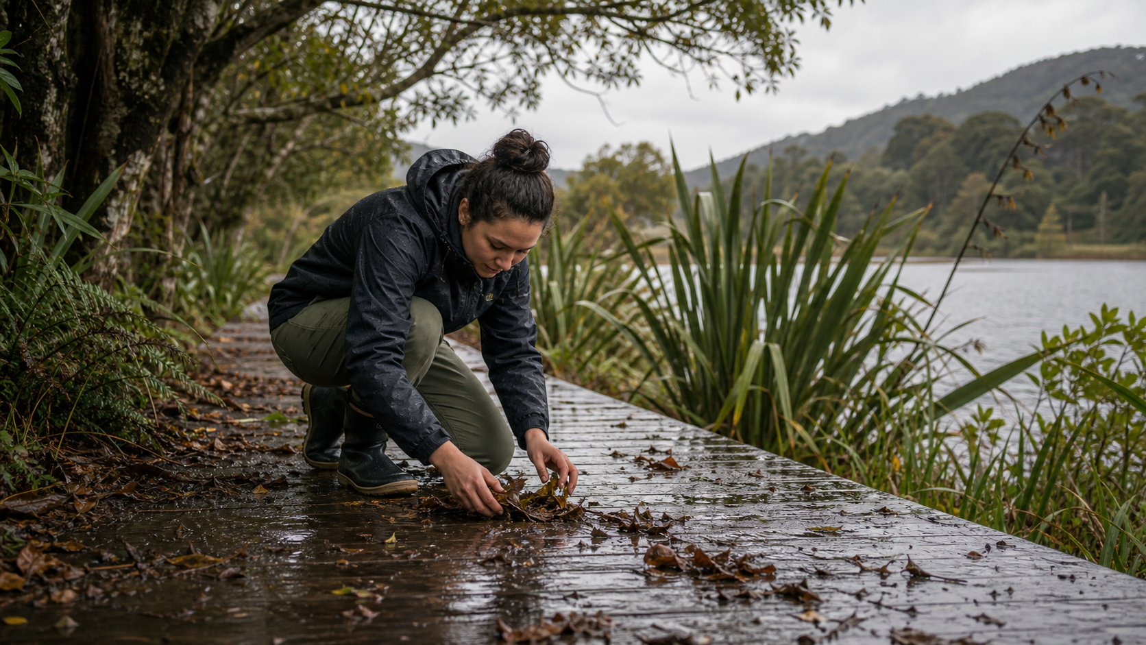 Aotearoa ngahere after heavy rain, wet leaves, mist, river stones and soft morning light, realistic no text