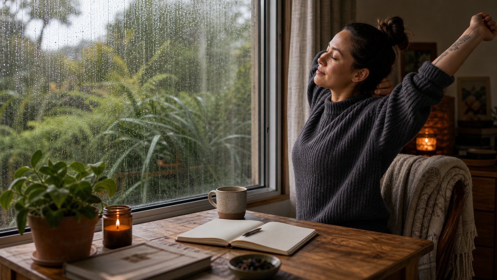 Quiet Aotearoa home table with tea notebook and winter window, no text