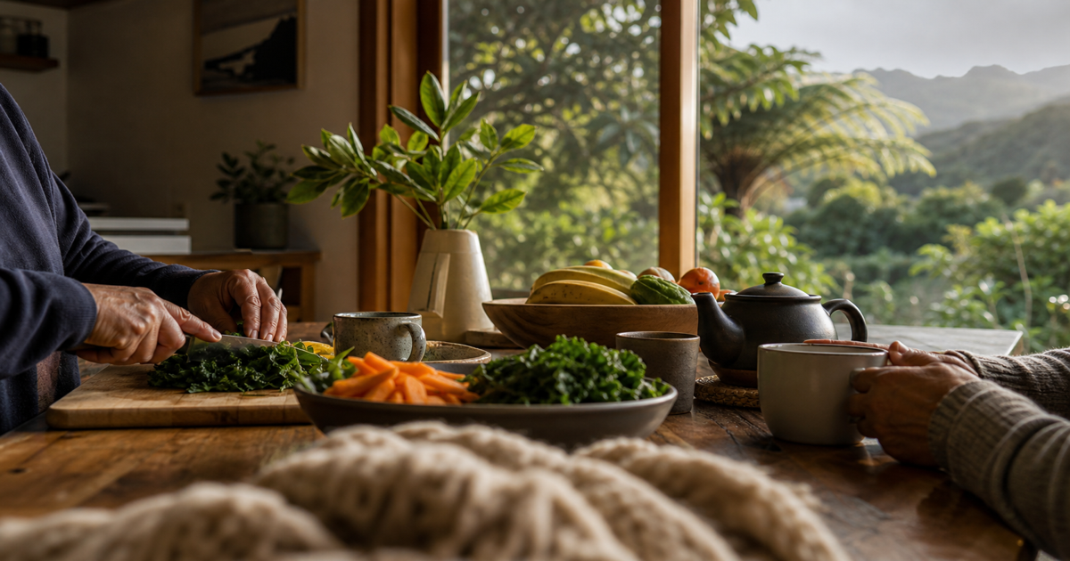 Warm Aotearoa home table with kai, tea and native greenery