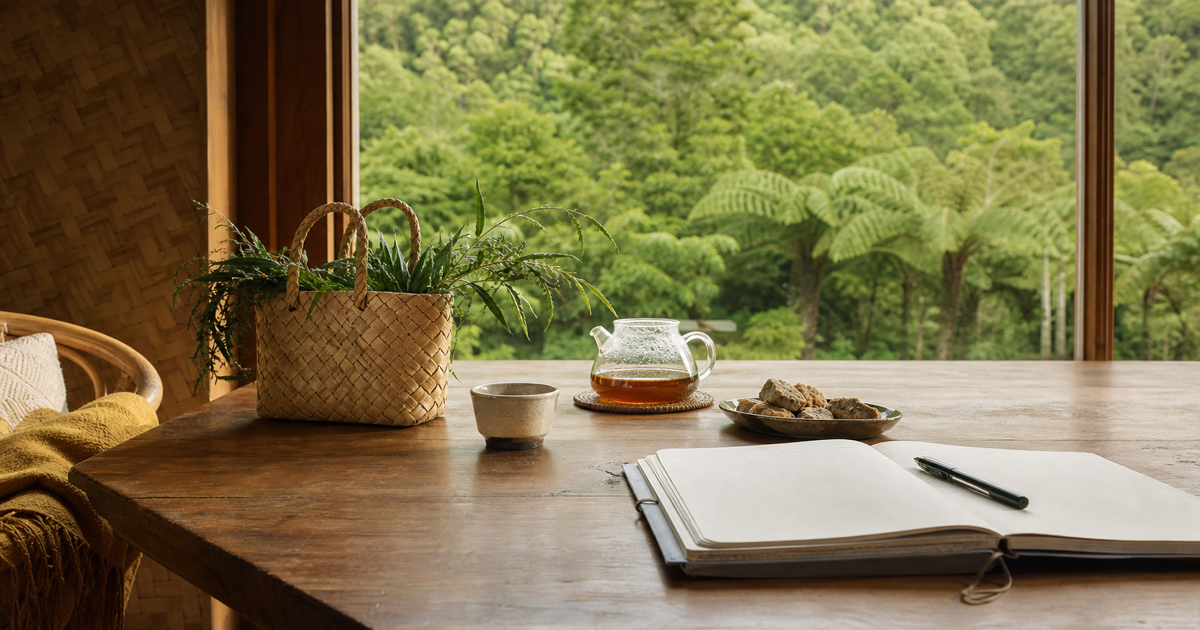 Warm Aotearoa home table with tea kai notebook and native greenery