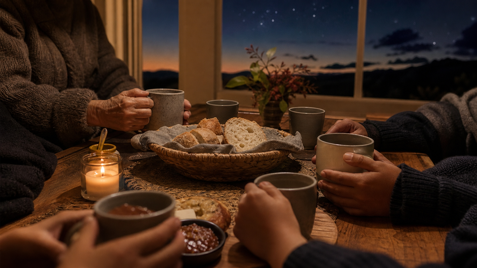 Whanau hands share tea and kai at a warm table before dawn