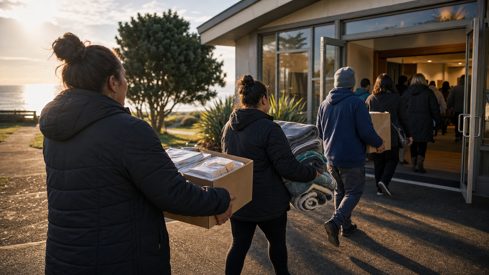 People carrying kai boxes and blankets into a coastal community space