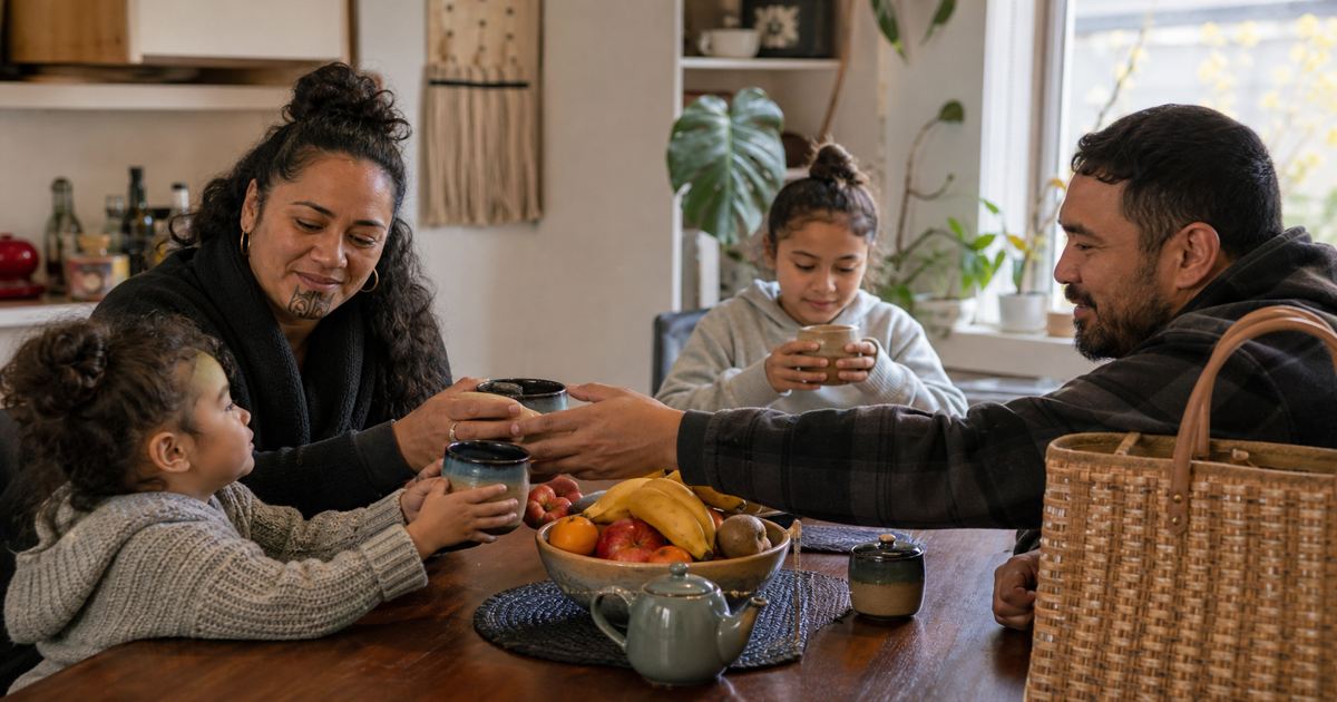 Whanau sharing tea at a warm kitchen table in Aotearoa