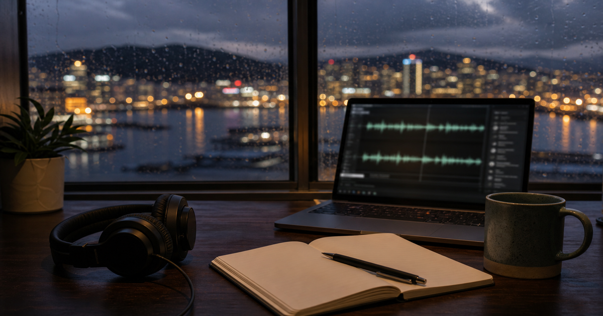 Headphones and notebook on a desk for listening to a New Zealand news podcast