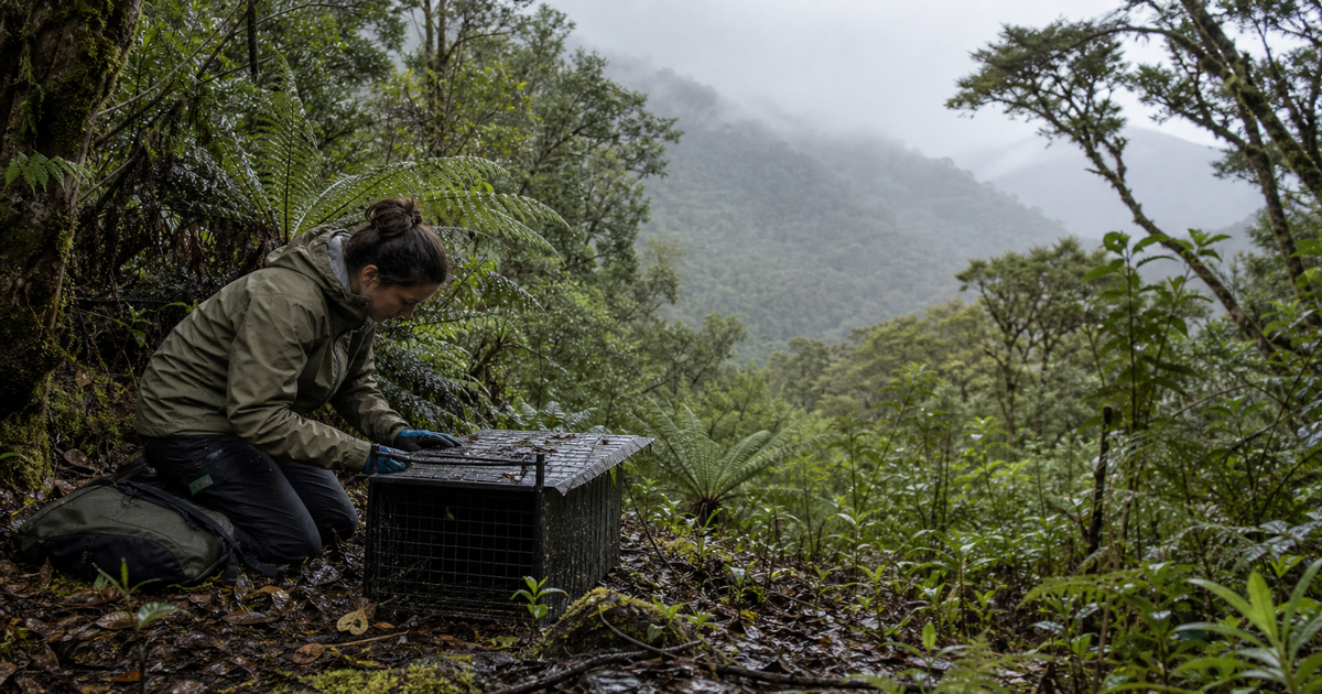 Conservation worker checking a trap in New Zealand native bush