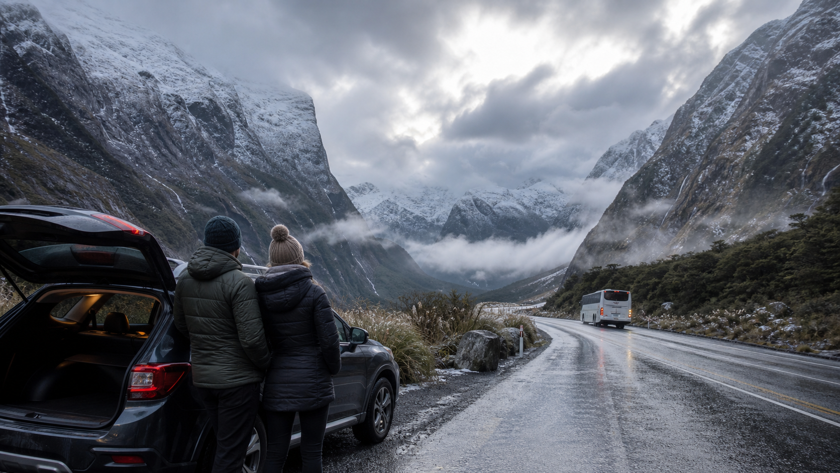 Fiordland冬季Milford Road雪山峡湾公路上远处有大巴和小车，游客从安全观景点看山